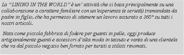 Casella di testo: La LINING IN THE WORLD  un attivit che si basa principalmente su una collaborazione a carattere familiare con unesperienza (e seriet) tramandata da padre in figlio, che ha permesso di ottenere un lavoro accurato a 360 su tutti i nostri articoli. Nata come piccola fabbrica di fodere per guanti in pelle, oggi produce artigianalmente guanti e accessori dalta moda in tessuto e vanta di una clientela che va dal piccolo negozio ben fornito per turisti a stilisti rinomati.